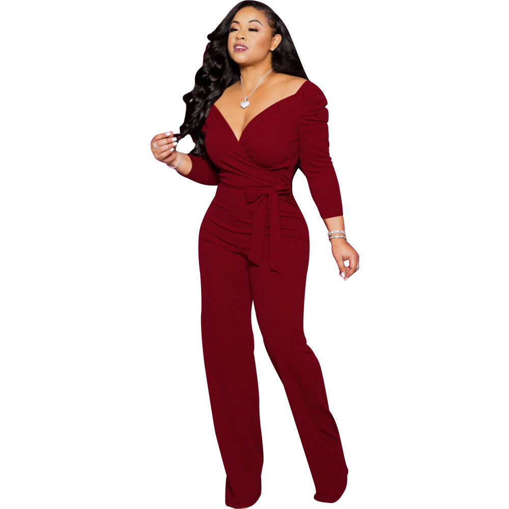 X9202 European and American Fashion Long Sleeve Solid Color and V-neck Tight Jumpsuit