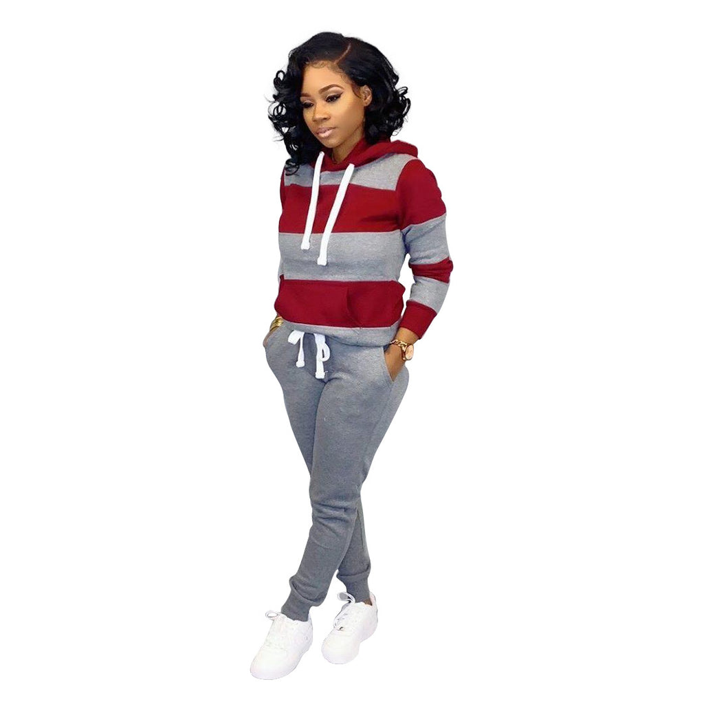 X6005 Striped Patchwork Hoodie Trousers Suit European and American Women's Clothing