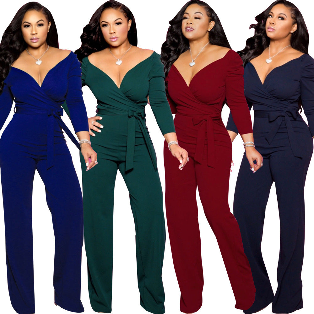 X9202 European and American Fashion Long Sleeve Solid Color and V-neck Tight Jumpsuit