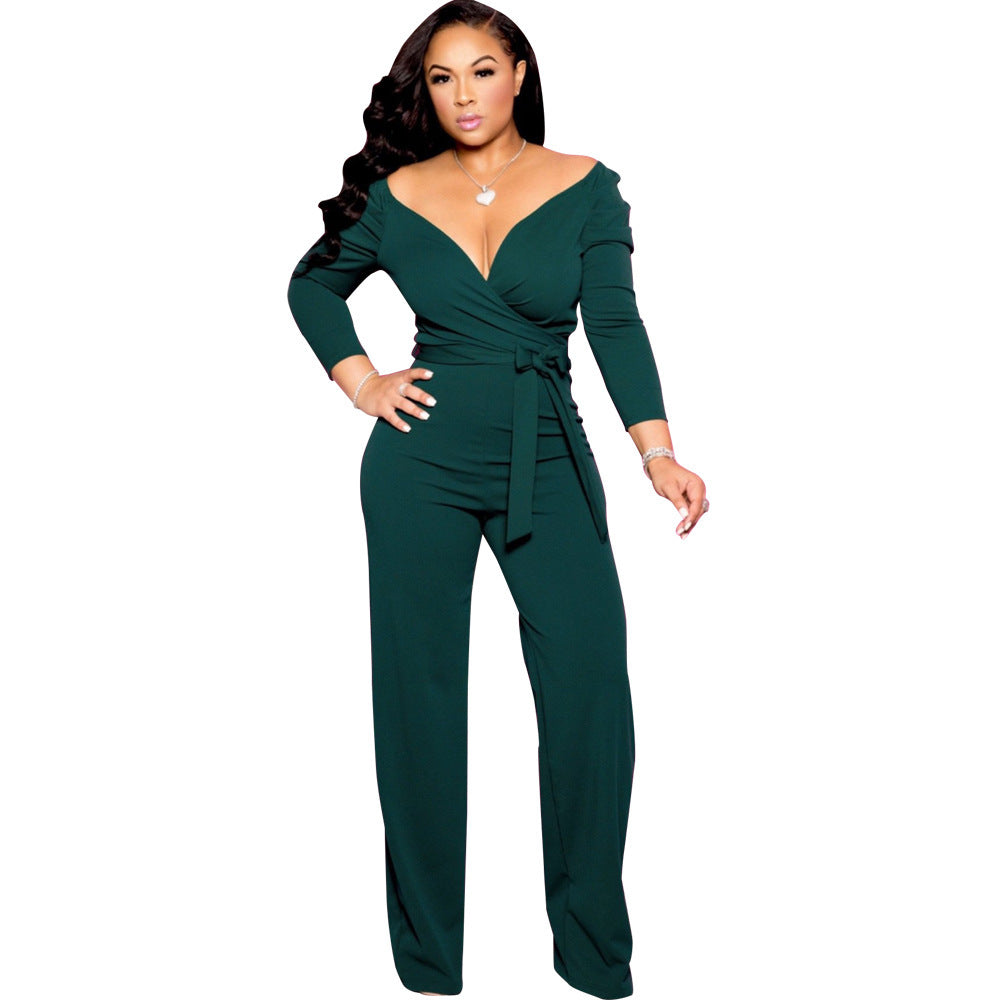 X9202 European and American Fashion Long Sleeve Solid Color and V-neck Tight Jumpsuit