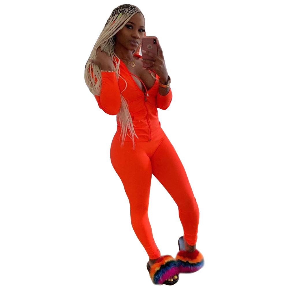 X9179 Hooded Zipper Sweatshirt Tights Two-Piece Sports Suit Autumn and Winter