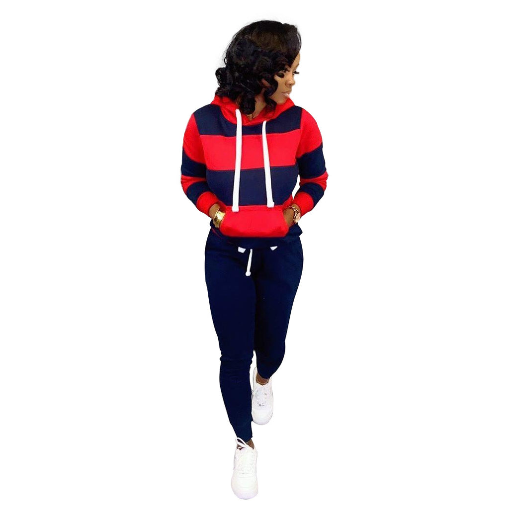 X6005 Striped Patchwork Hoodie Trousers Suit European and American Women's Clothing