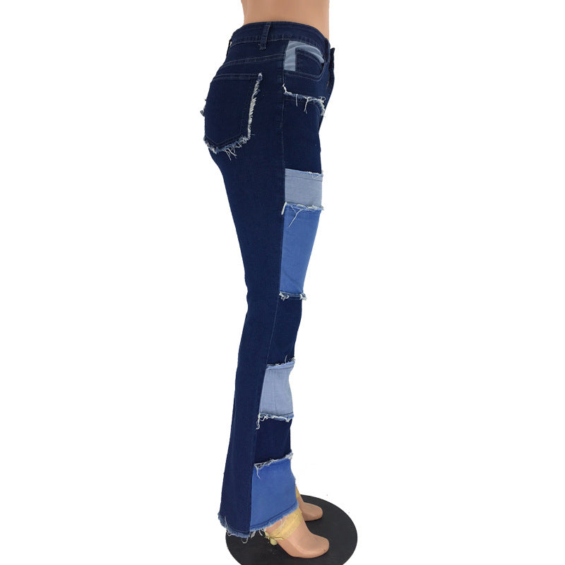 Fashion Color Contrast Patchwork High Waist Tight Hip Horn Women's Denim Trousers