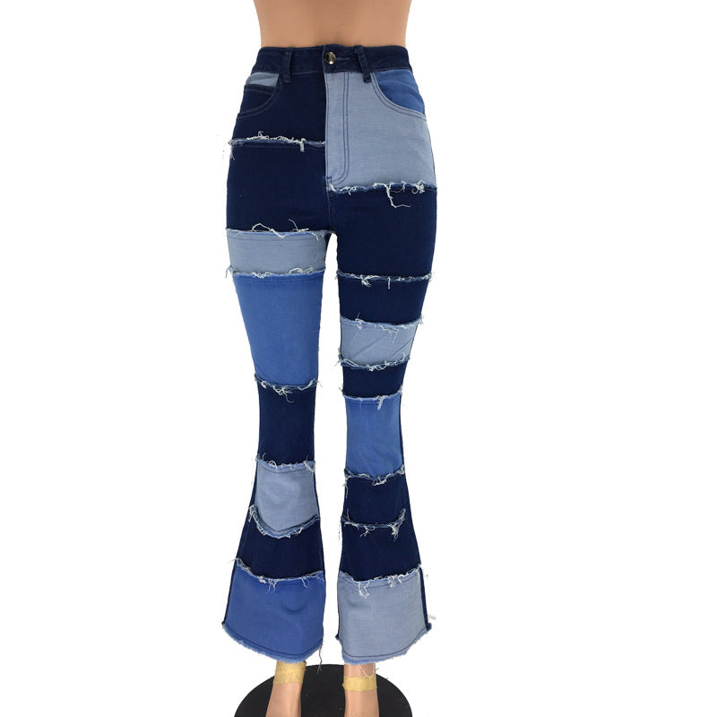 Fashion Color Contrast Patchwork High Waist Tight Hip Horn Women's Denim Trousers