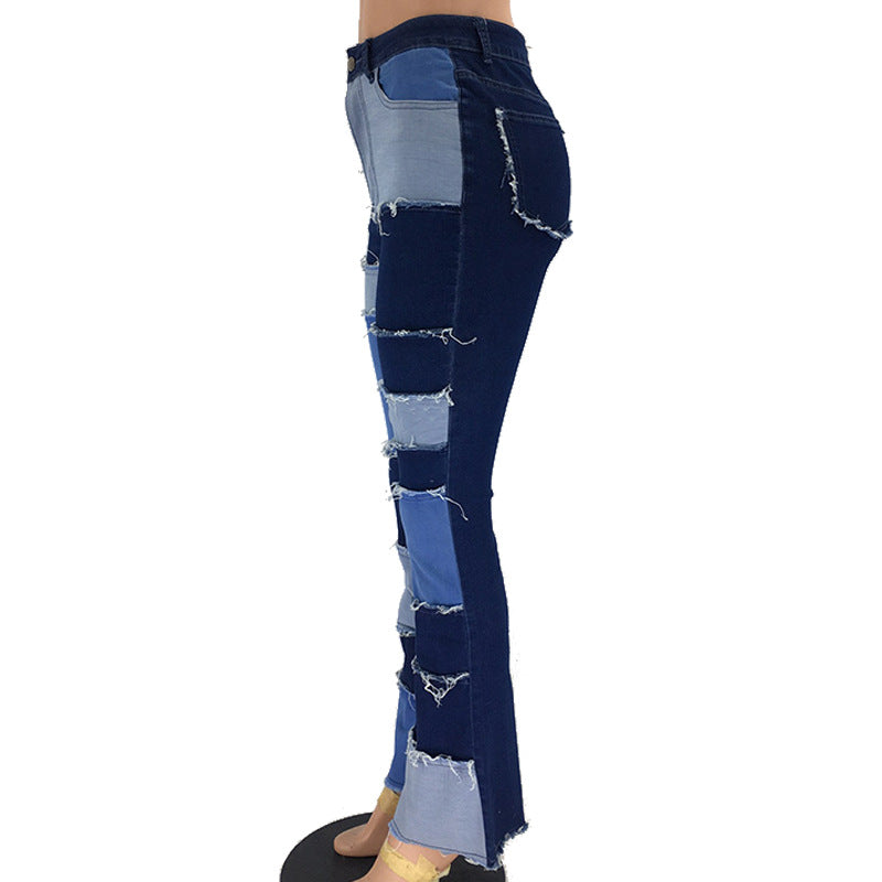 Fashion Color Contrast Patchwork High Waist Tight Hip Horn Women's Denim Trousers