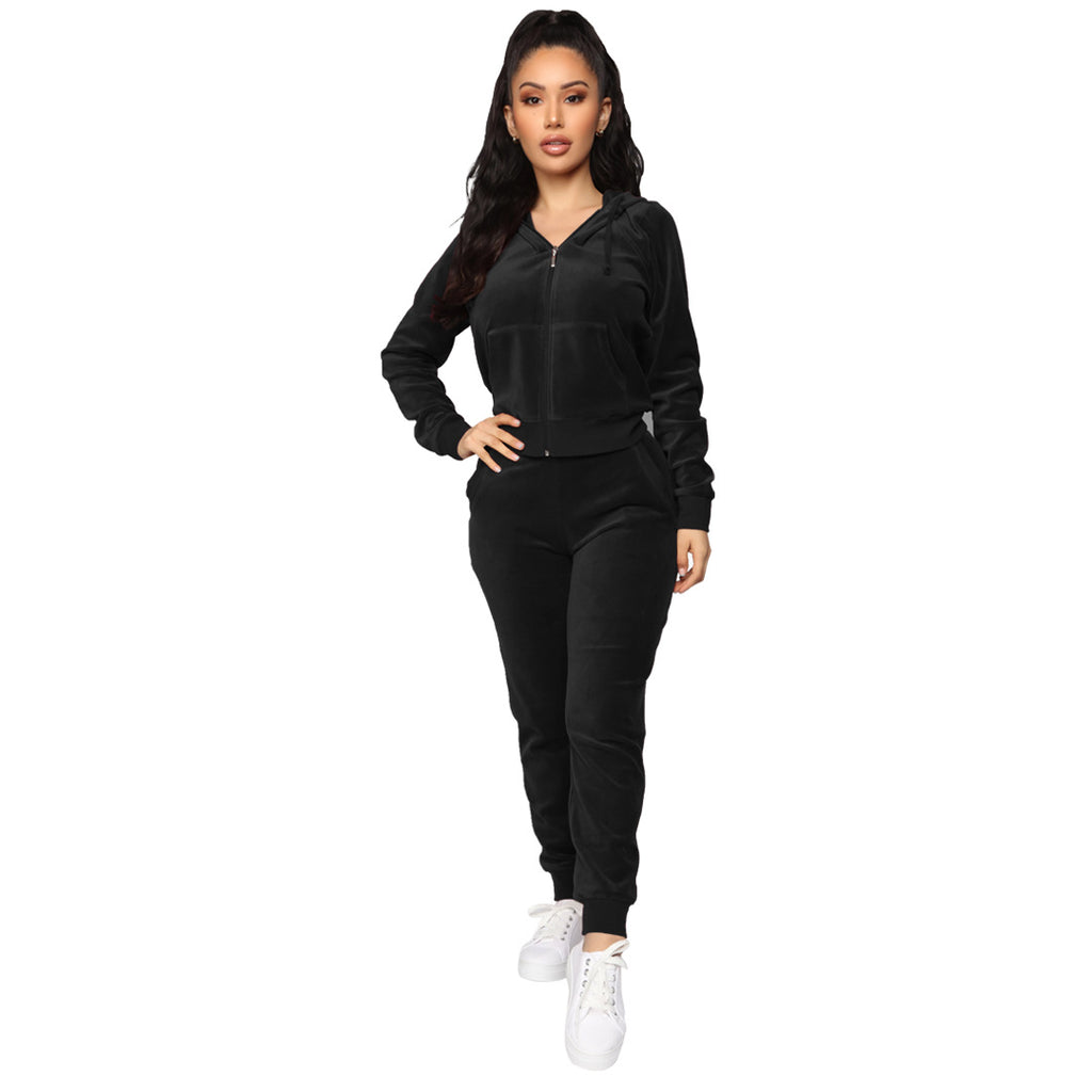 Bestseller Velvet Hooded Zipper Sweatshirt Elastic Waist Pants Two-Piece Set