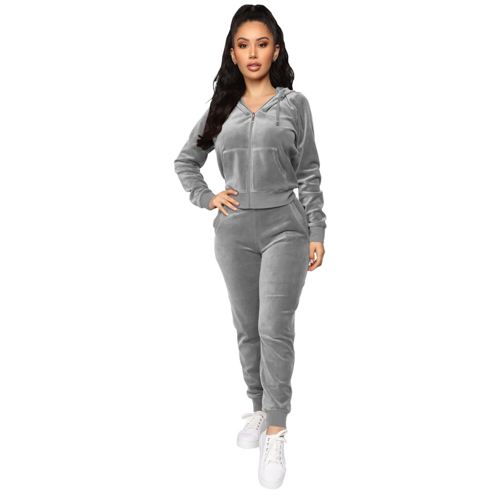 Bestseller Velvet Hooded Zipper Sweatshirt Elastic Waist Pants Two-Piece Set