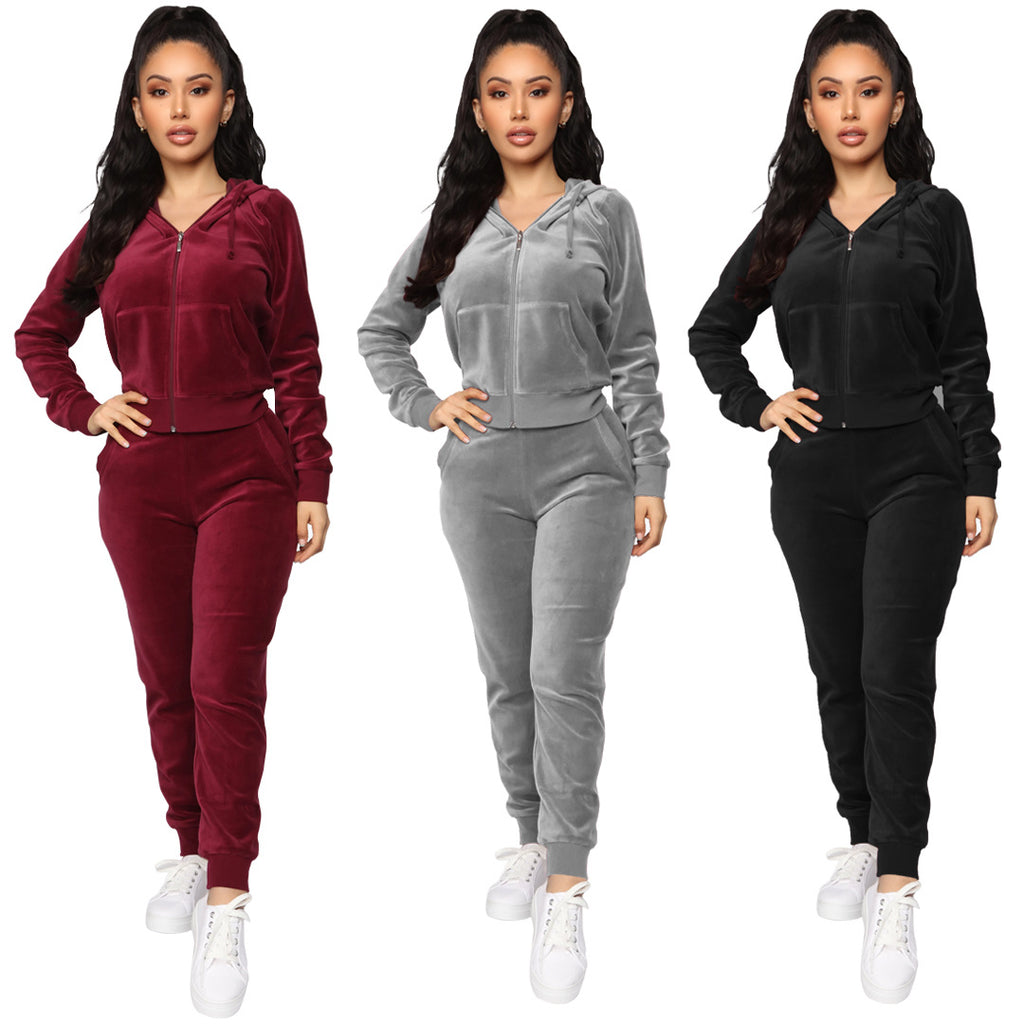 Bestseller Velvet Hooded Zipper Sweatshirt Elastic Waist Pants Two-Piece Set