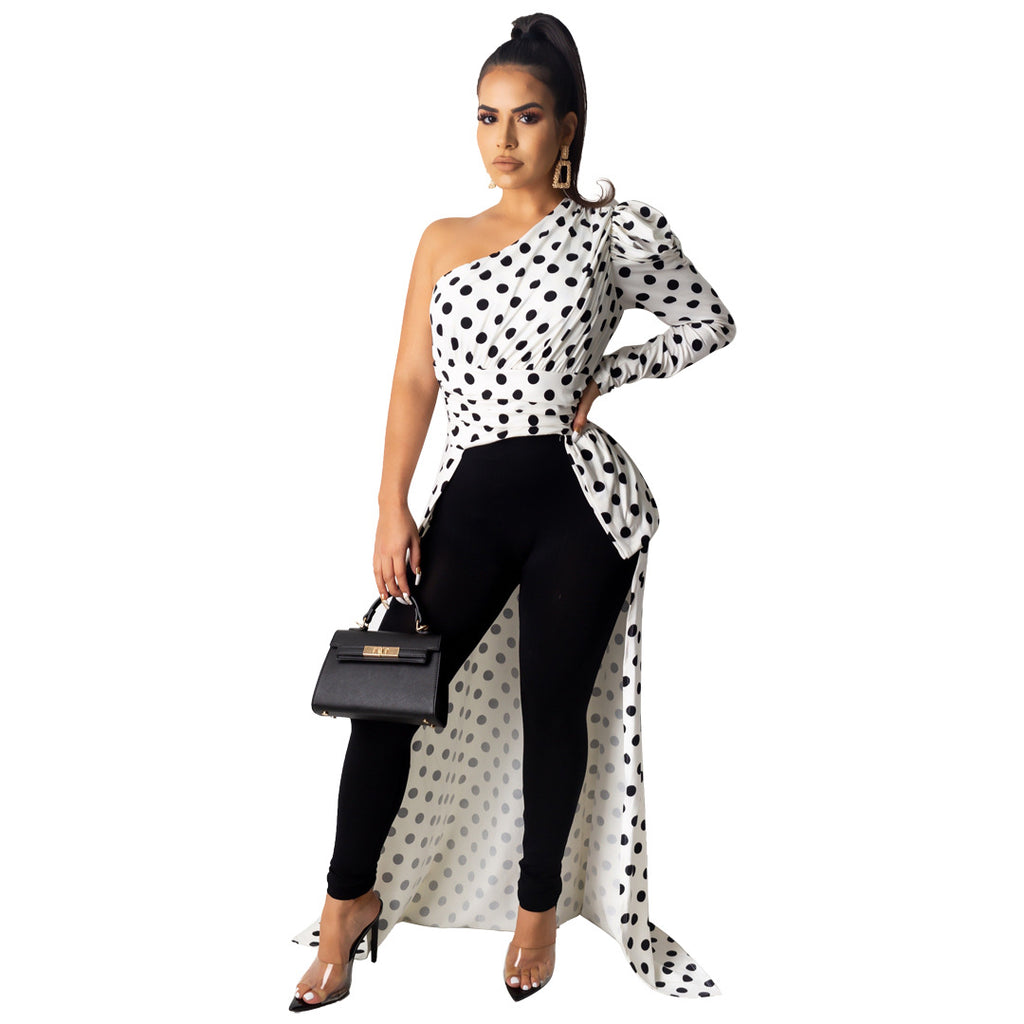 YM-8515 women fahsion Shoulder angle Leopard DotPrint Top dress