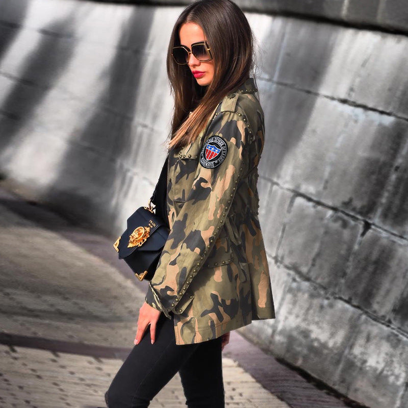 Chapter Rivet Stickers Multi-Bag Drawstring Cool Camouflage Workwear Casual Baseball Uniform Jacket plus Size Women's Coat