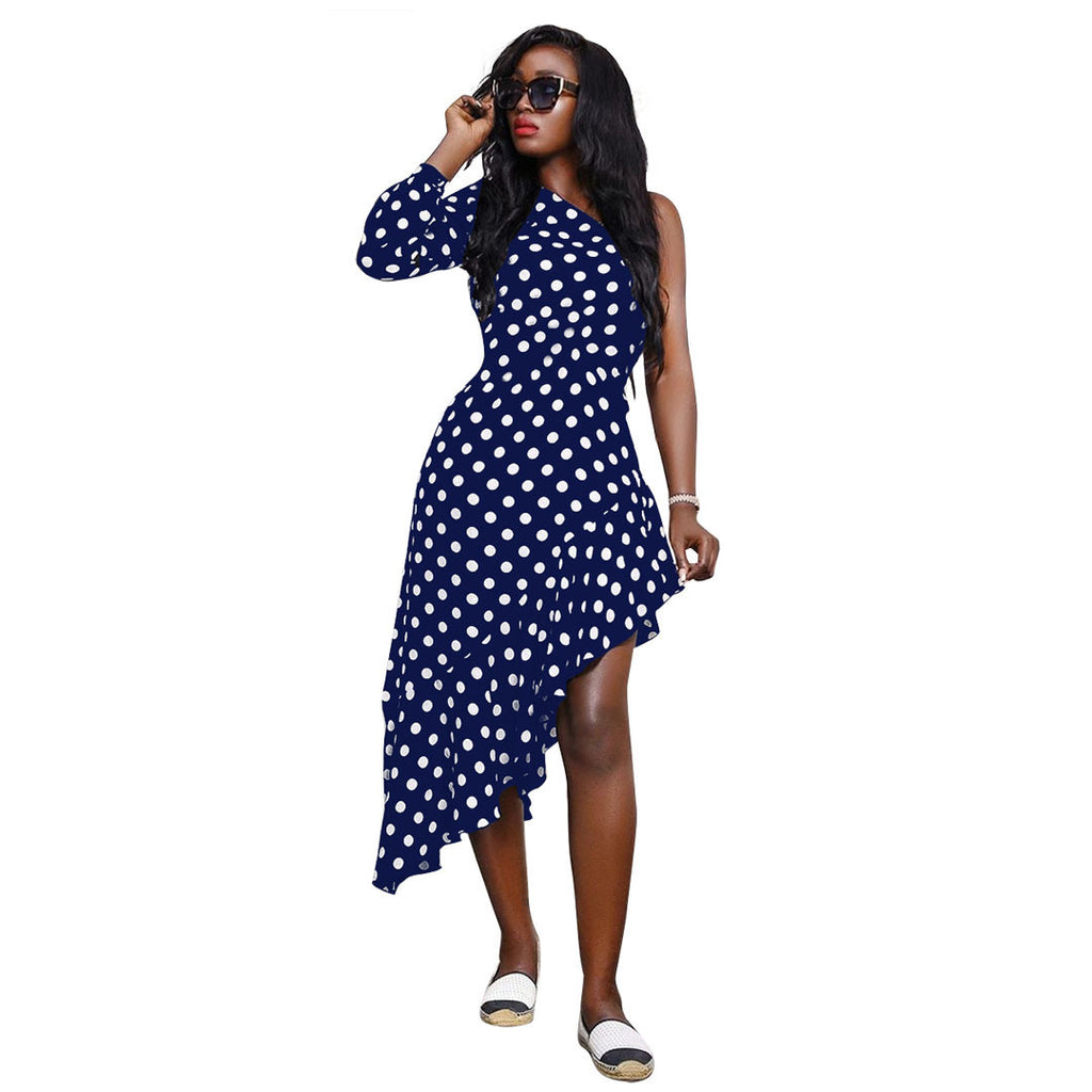 YM-8522 women fashion half shoulder Dot printing dress 