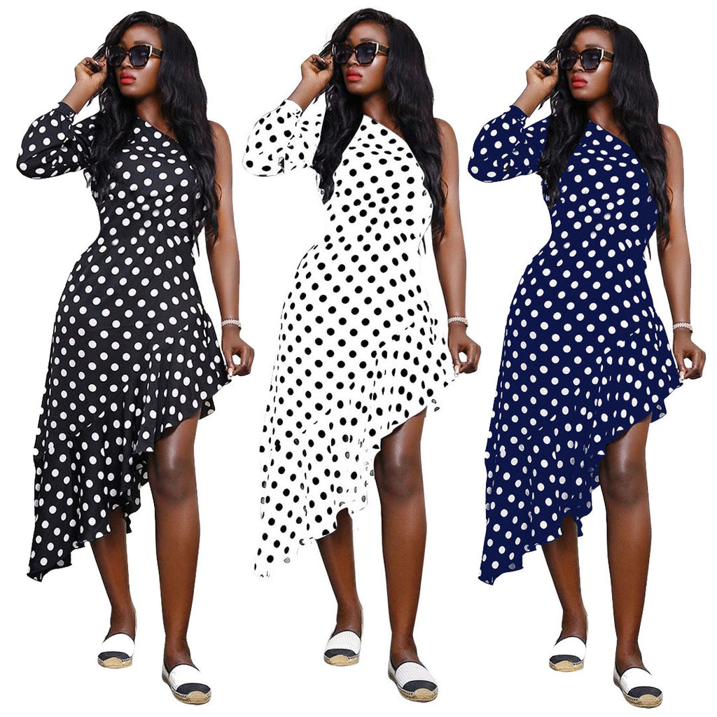 YM-8522 women fashion half shoulder Dot printing dress 