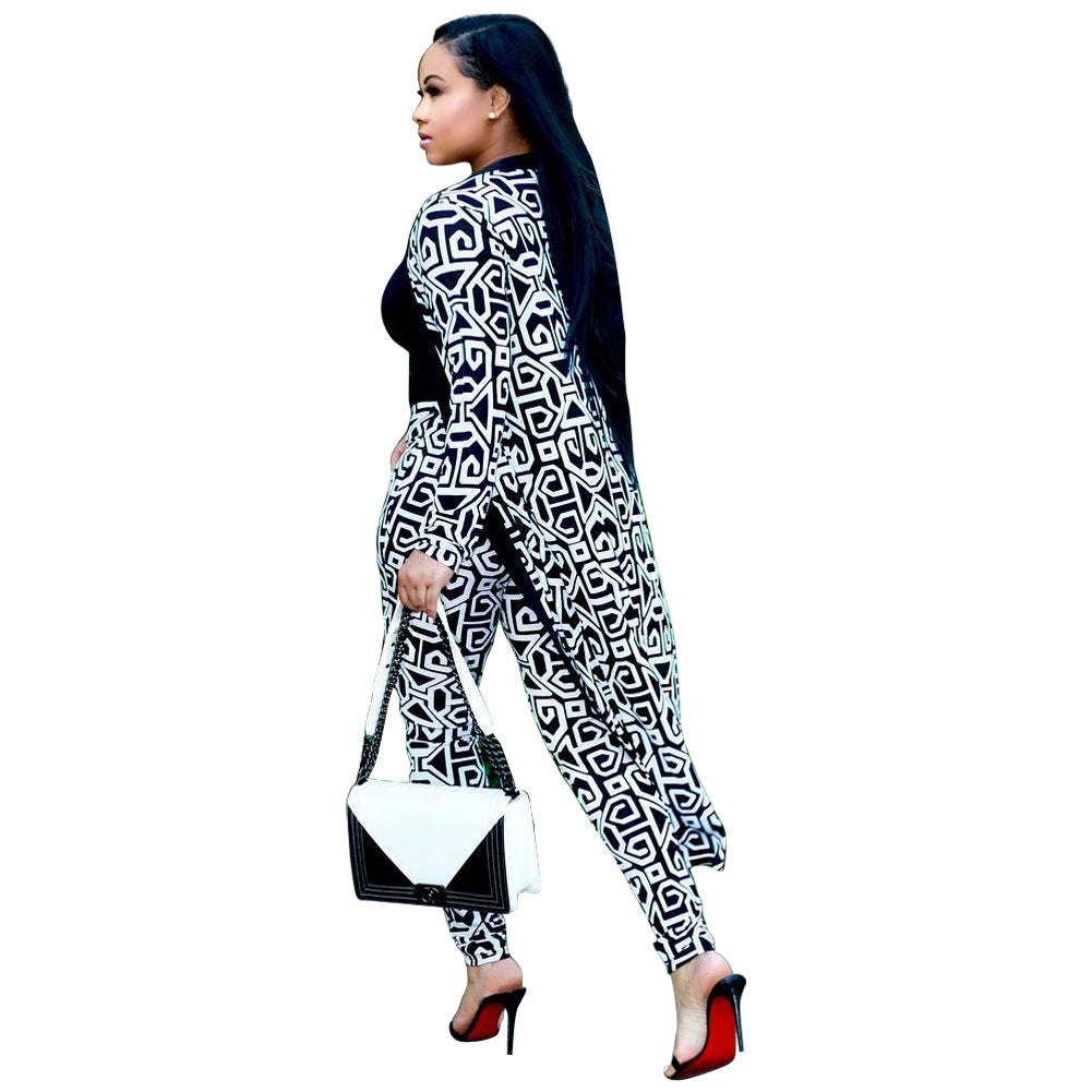 X9189 Long Sleeve Printed Coat Cloak Tights Two-Piece Set Asia, Europe and America Women's Clothing