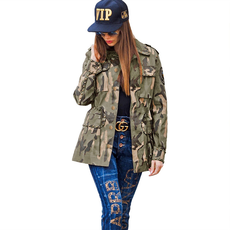 Chapter Rivet Stickers Multi-Bag Drawstring Cool Camouflage Workwear Casual Baseball Uniform Jacket plus Size Women's Coat