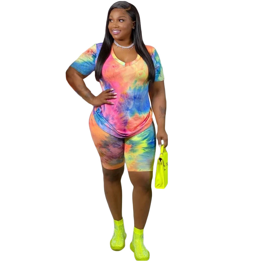 Bestseller Fashion plus Size Women Short-Sleeved Shorts Tie-Dye Suit