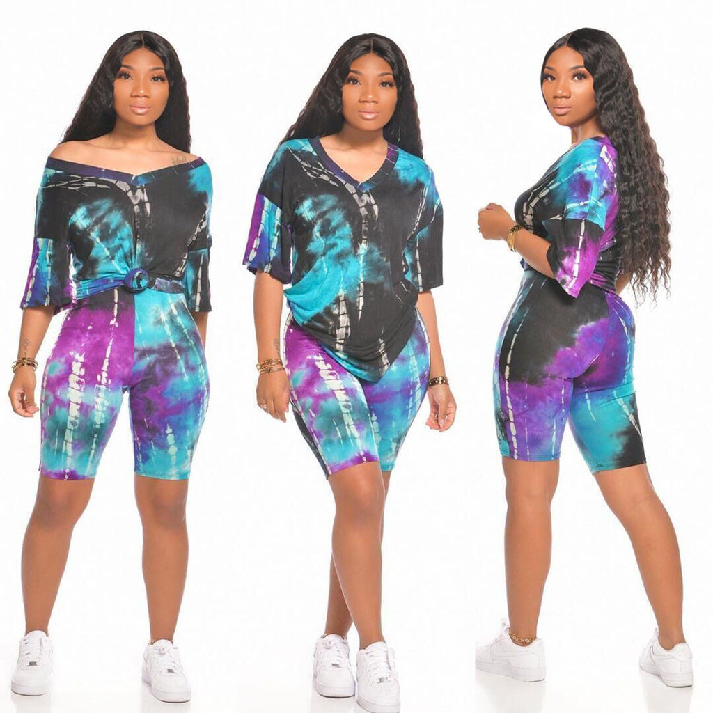 Cute Sport Casual Tie-Dye Two-Piece Set European and American Women's Clothing