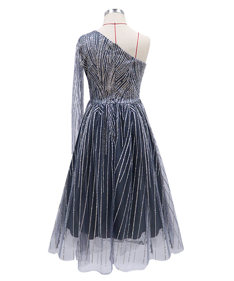 One-Shoulder Sleeve Slim Dress Hot Silver Dress