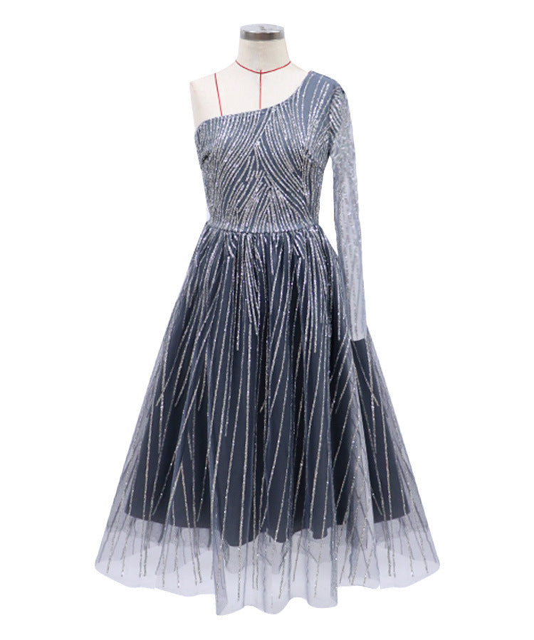 One-Shoulder Sleeve Slim Dress Hot Silver Dress