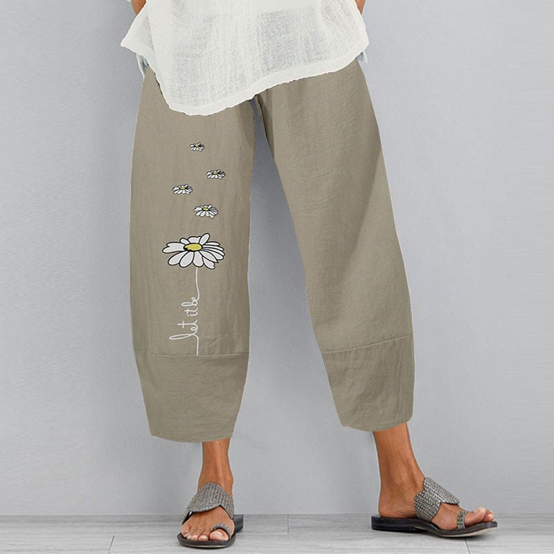 Casual Loose Small Daisy Flower Women's Elastic Waist Wide Leg Pants