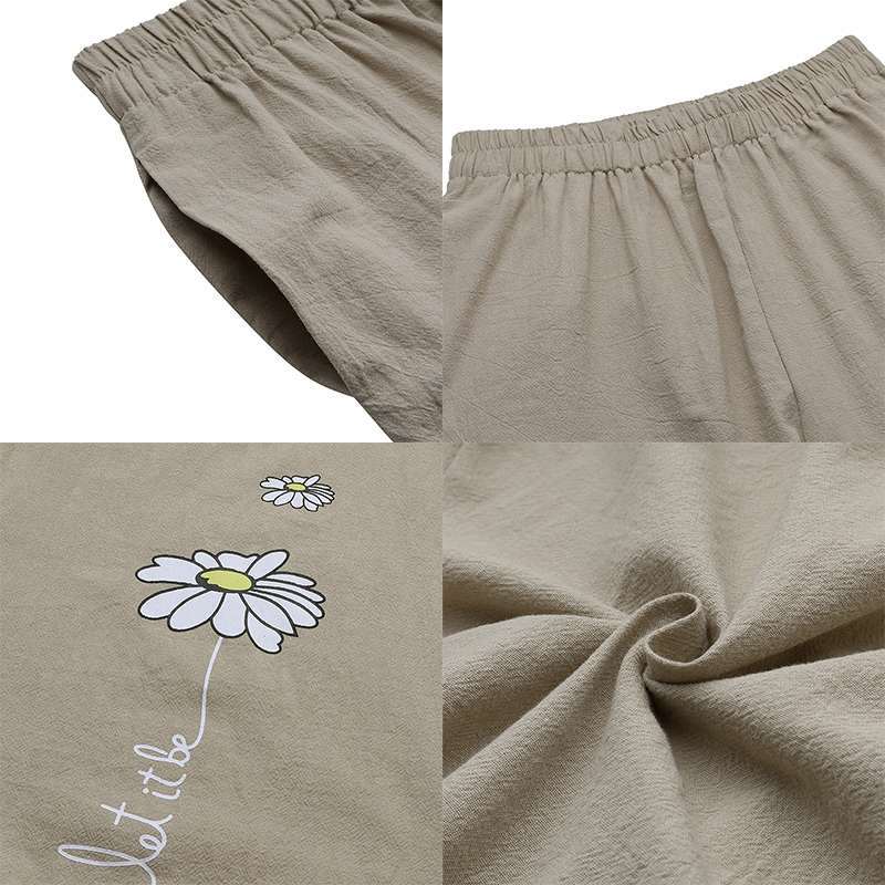 Casual Loose Small Daisy Flower Women's Elastic Waist Wide Leg Pants