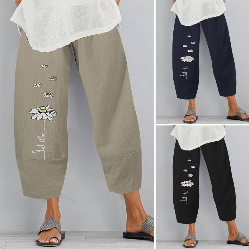 Casual Loose Small Daisy Flower Women's Elastic Waist Wide Leg Pants