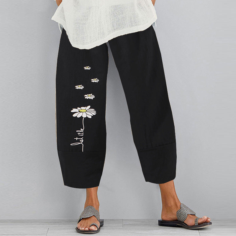 Casual Loose Small Daisy Flower Women's Elastic Waist Wide Leg Pants