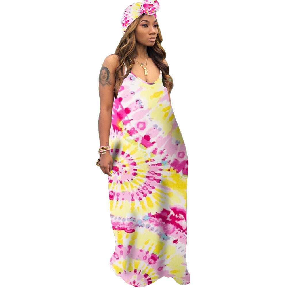 Bestseller Tie-Dyed Colorful Printing Strap Loose Dress