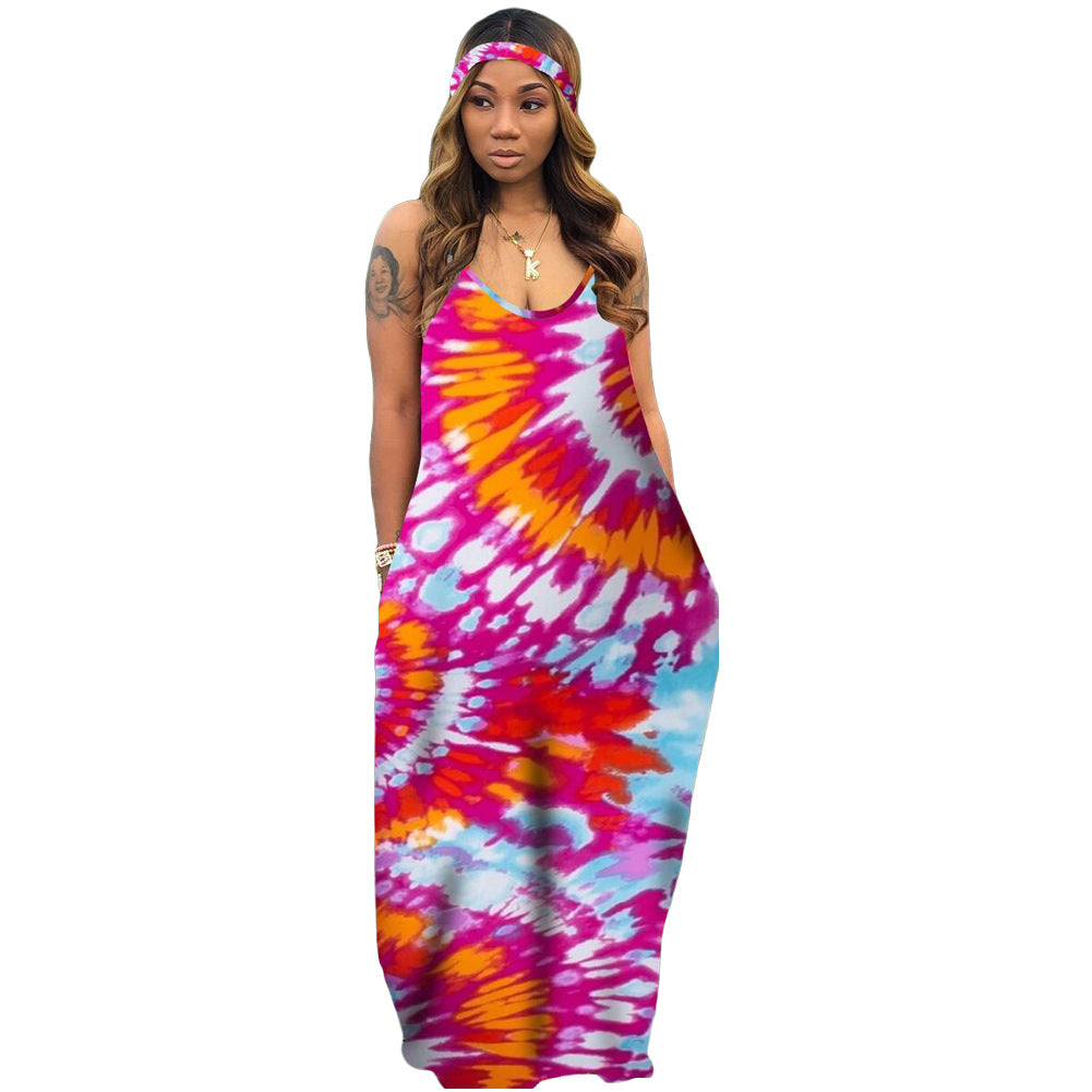 Bestseller Tie-Dyed Colorful Printing Strap Loose Dress