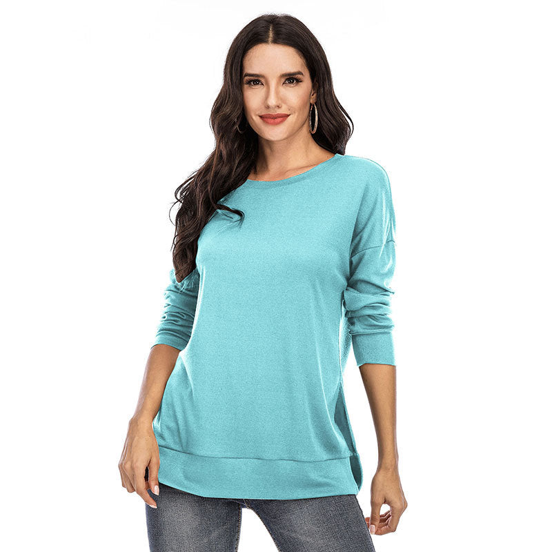 Autumn and Winter New Solid Color Long Sleeve Split Top T-shirt