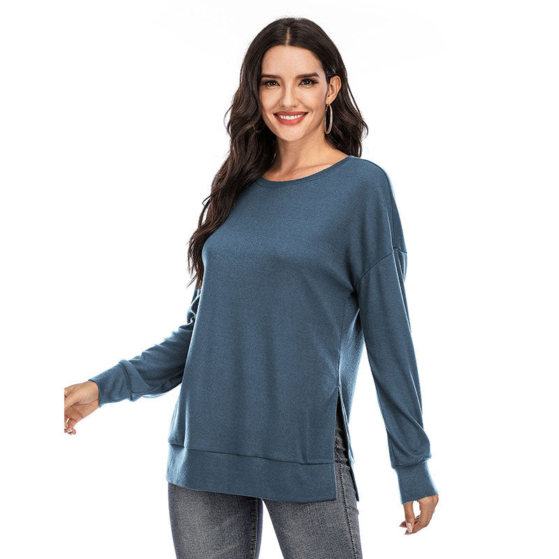 Autumn and Winter New Solid Color Long Sleeve Split Top T-shirt