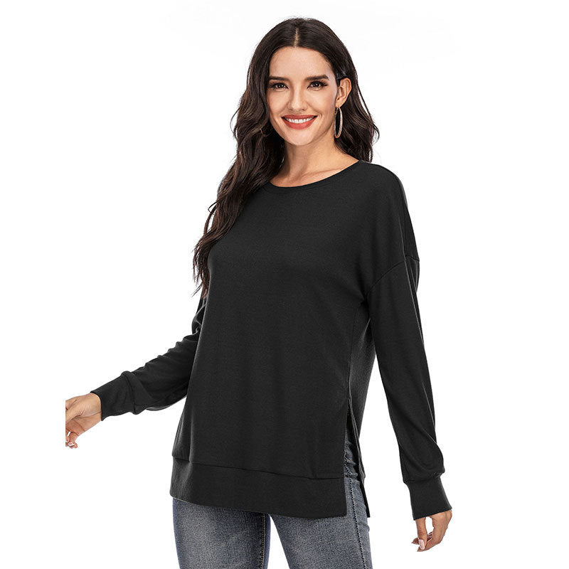 Autumn and Winter New Solid Color Long Sleeve Split Top T-shirt