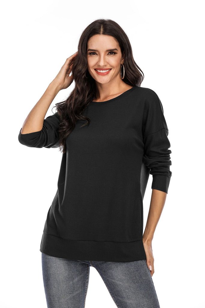 Autumn and Winter New Solid Color Long Sleeve Split Top T-shirt