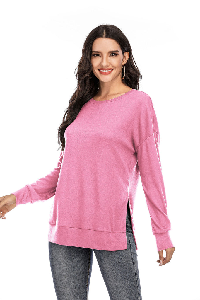 Autumn and Winter New Solid Color Long Sleeve Split Top T-shirt