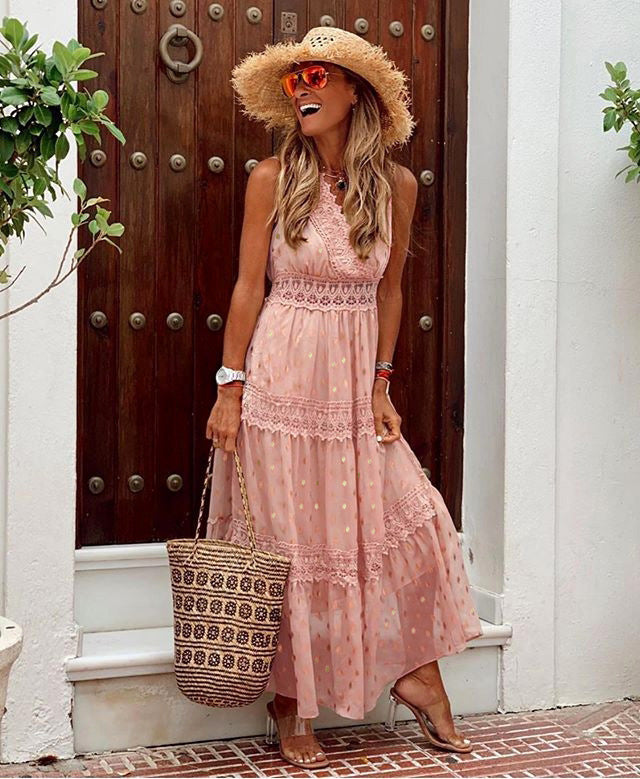 Sexy Deep V Sleeveless Chiffon Dress Stitching Midi Dress