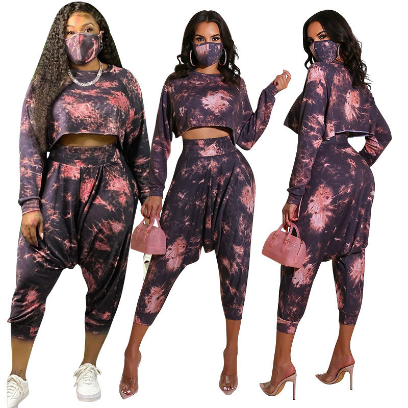 Autumn new sweater tie-dye print loose fashion casual two-piece suit plus size women's suit