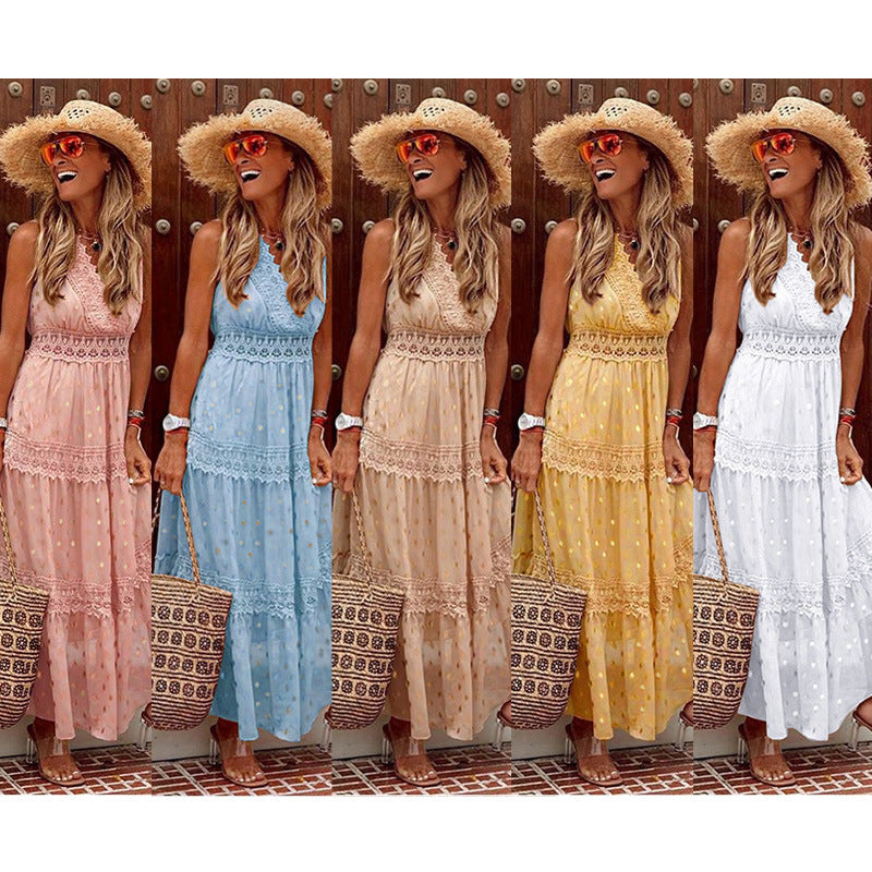Sexy Deep V Sleeveless Chiffon Dress Stitching Midi Dress