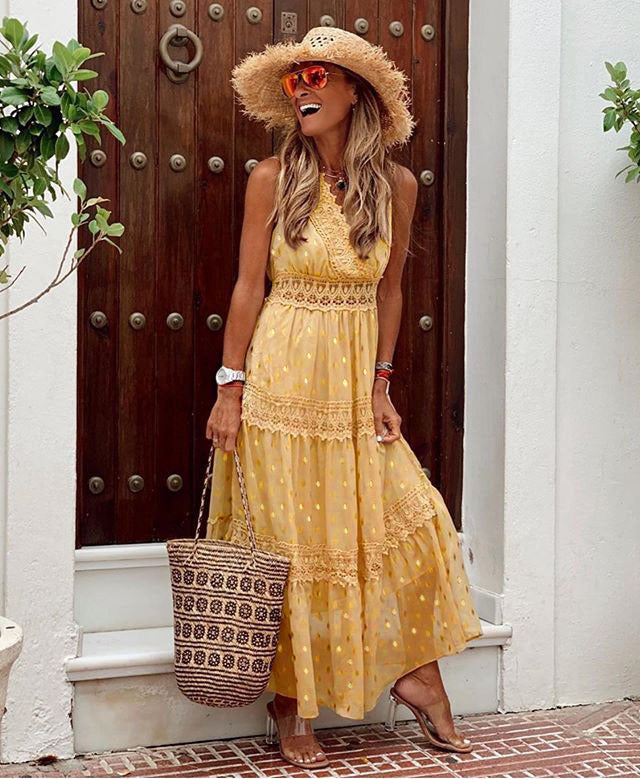 Sexy Deep V Sleeveless Chiffon Dress Stitching Midi Dress