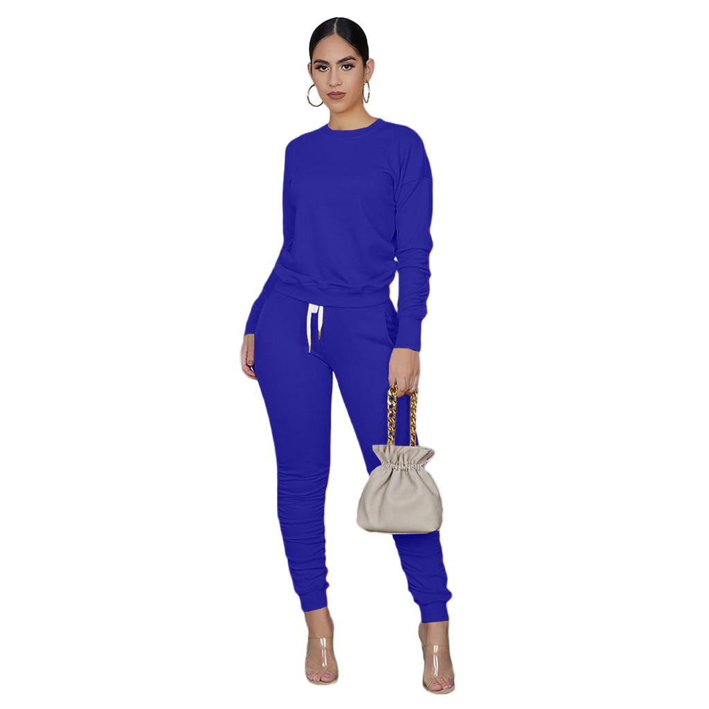 X9255 Solid Color Long-Sleeved T-shirt Pleated Two-Piece Pants Sports Suit