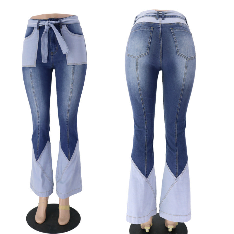 70's Retro High Waist Two-Color Stitching Belt Denim Bell-Bottom Pants