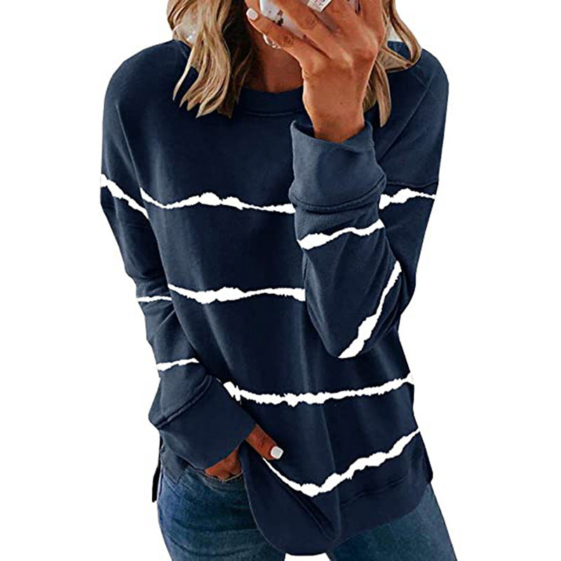 Autumn and Winter New Women's Cross-Border Amazon Hot Tie-Dye Printed Striped round Neck Loose Long Sleeves T-shirt Women's Top