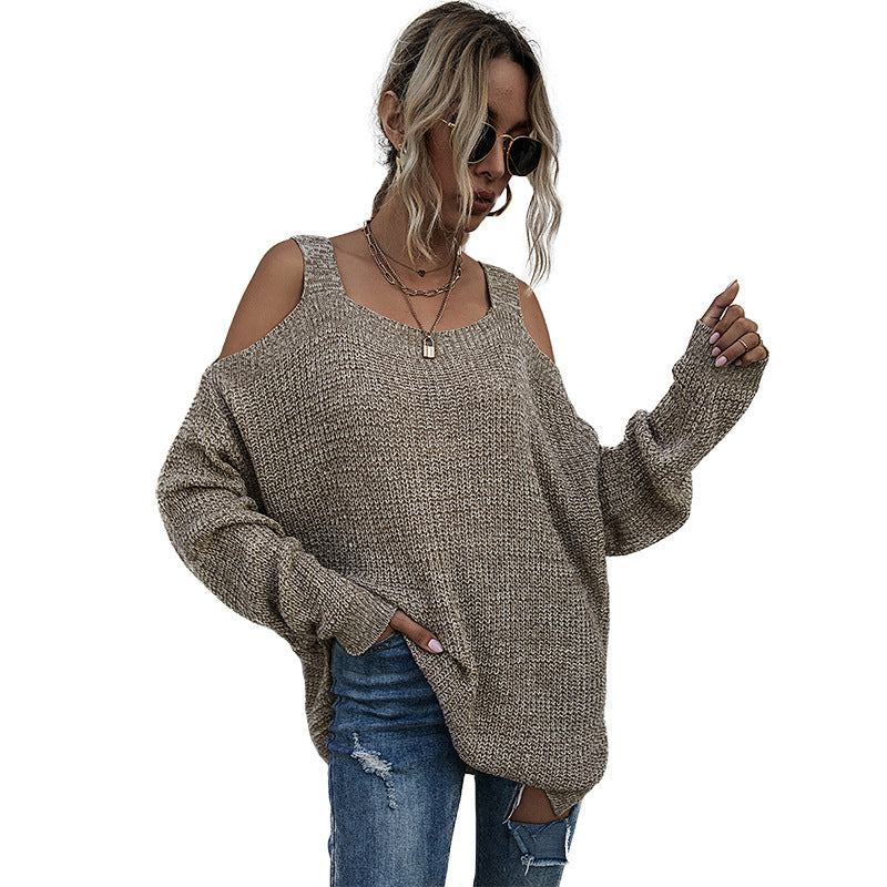 Autumn Solid Color Knitted Square Collar Shoulder-Baring Bottoming Sweater Women's Long-Sleeved Women's Clothing