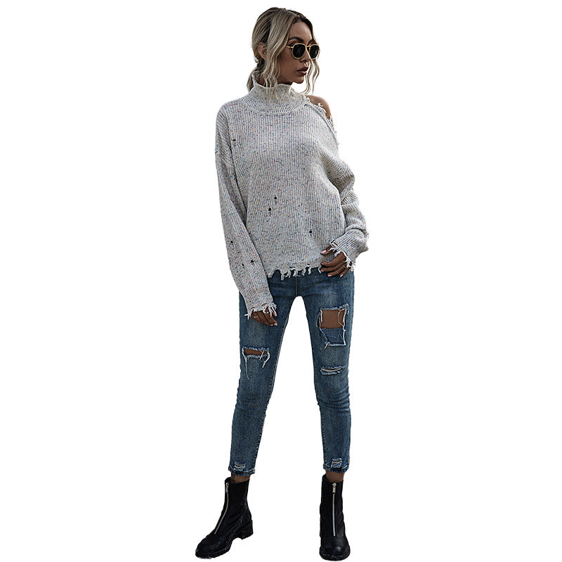 European and American Loose off-the-Shoulder Ripped Long Sleeves Turtleneck Autumn Knitted Sweater Women's Autumn Best-Selling Women's Clothing