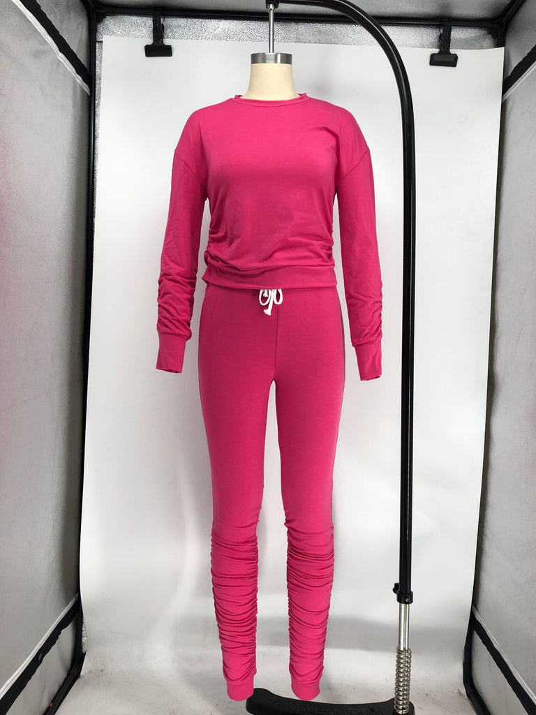 X9255 Solid Color Long-Sleeved T-shirt Pleated Two-Piece Pants Sports Suit