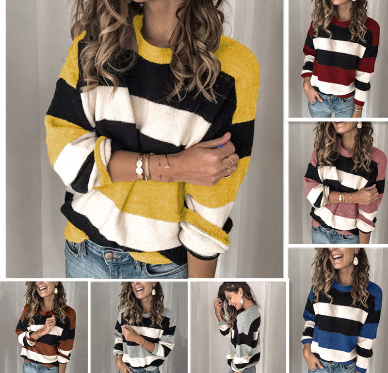 Women's Sweater round Neck Pullover Stripe Knitted Sweater Women