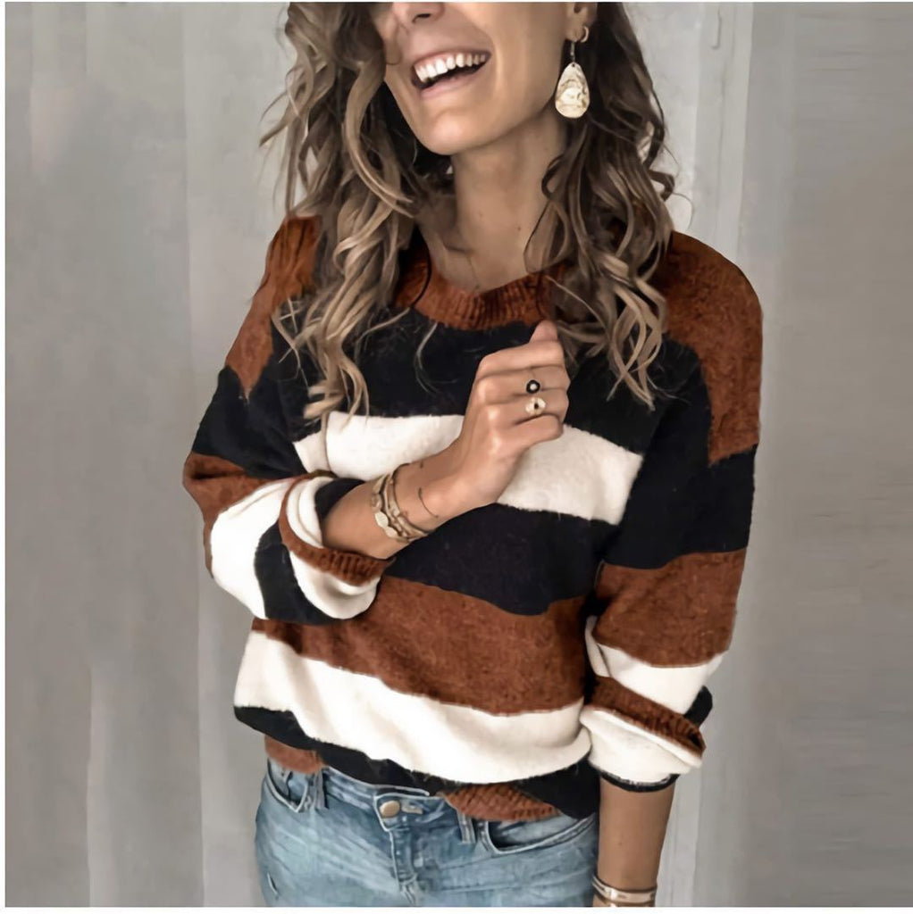 Women's Sweater round Neck Pullover Stripe Knitted Sweater Women