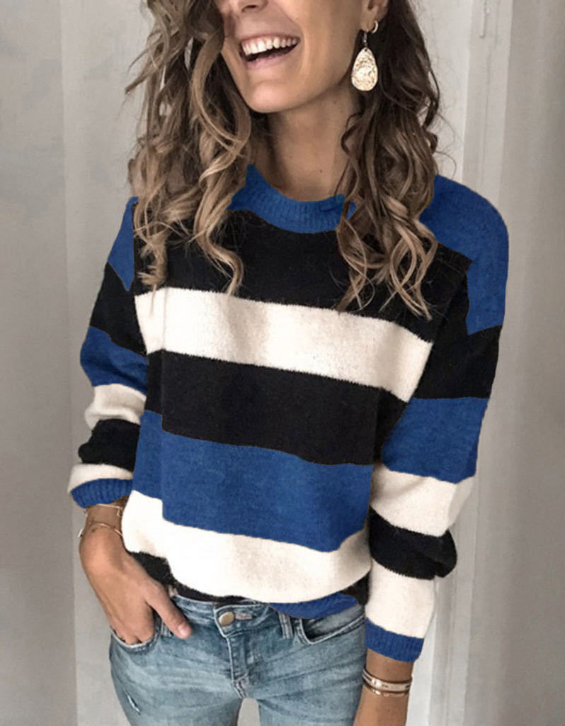 Women's Sweater round Neck Pullover Stripe Knitted Sweater Women