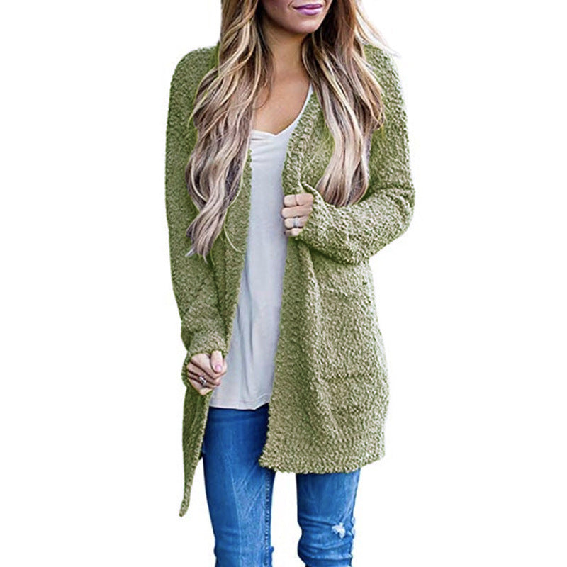 2022 Autumn and Winter New Knitwear Amazon Hot Solid Color Fleece Double Pocket Cardigan Sweater