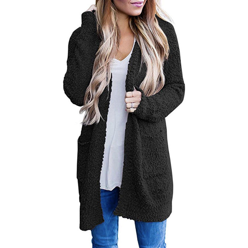 2022 Autumn and Winter New Knitwear Amazon Hot Solid Color Fleece Double Pocket Cardigan Sweater