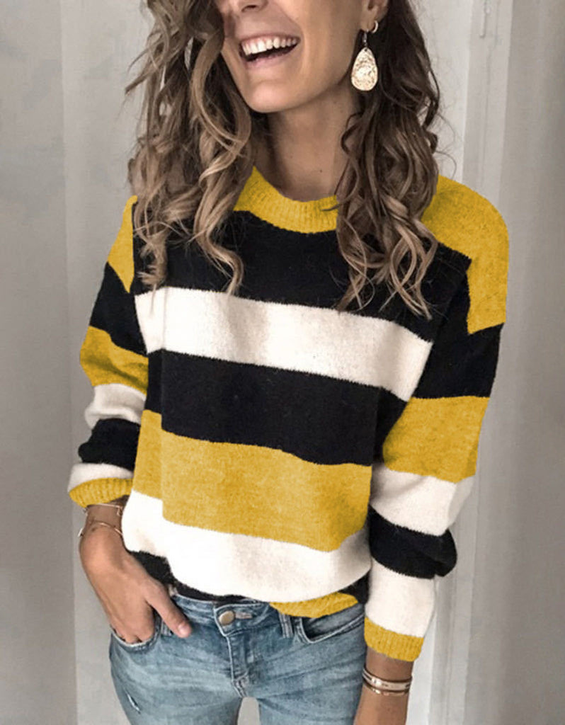 Women's Sweater round Neck Pullover Stripe Knitted Sweater Women