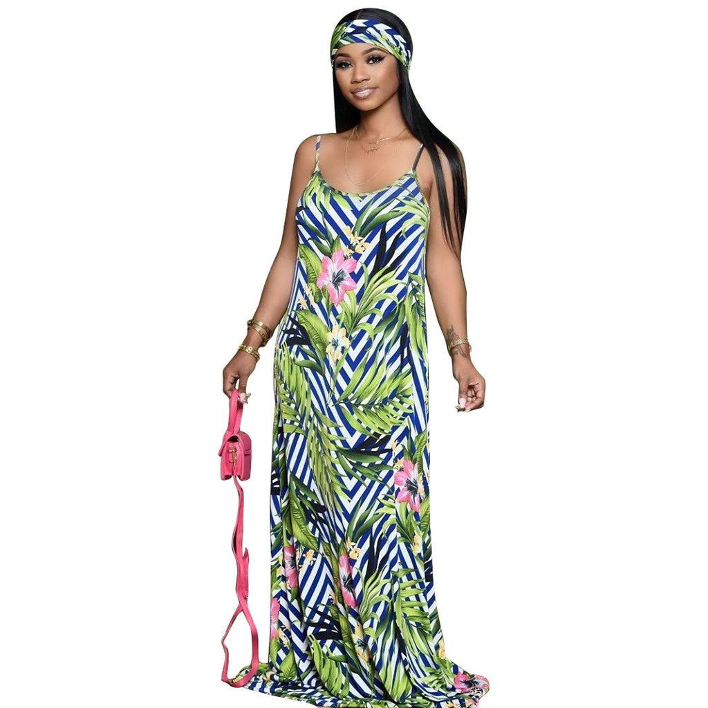 YM-8567 Womens Spaghetti Strap Maxi Dress Plus Size Sleeveless with Pockets and Belt